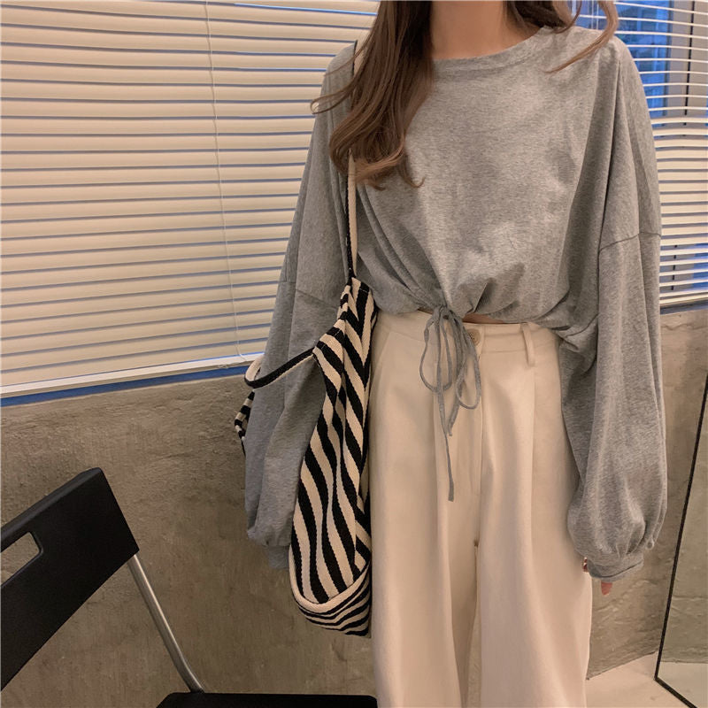Women's Cropped Sweatshirt with Drawstring and Oversized Sleeves
