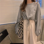 Women's Cropped Sweatshirt with Drawstring and Oversized Sleeves