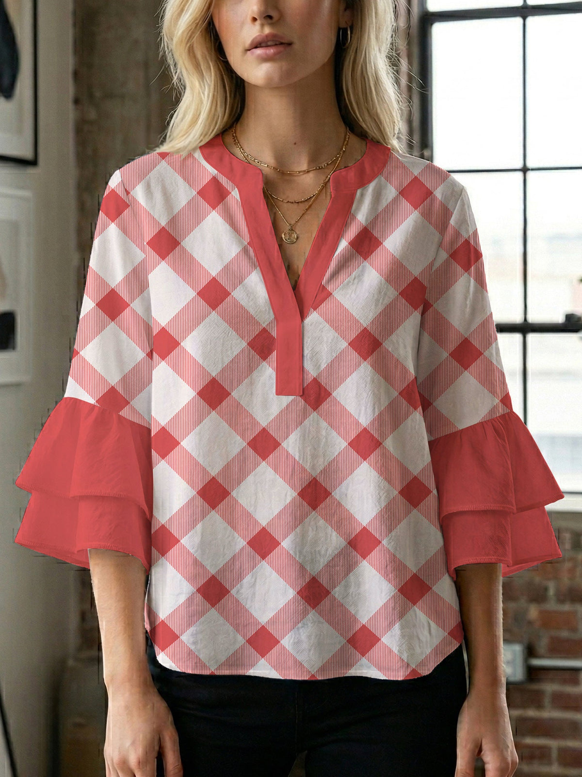 Women's Blouse with Voluminous Flutter Sleeves and Leaf Print
