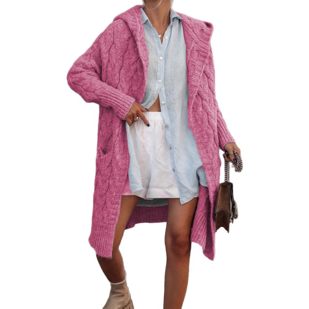Women's Chunky Knit Cardigan with Open Cut and Hood