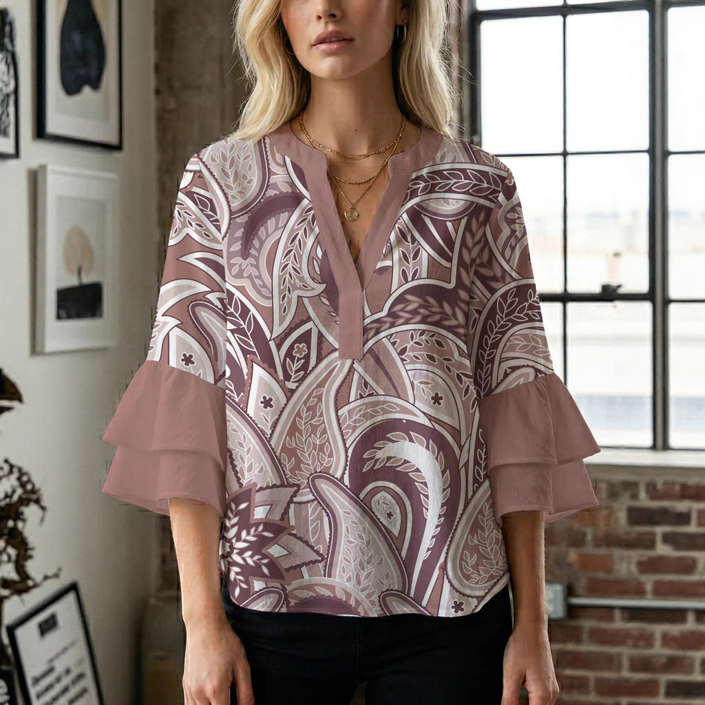 Women's Blouse with Voluminous Ruffle Sleeves and Floral Design