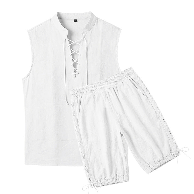 Men's Sleeveless Leisure Set with Lace Collar and Drawstring Bermuda