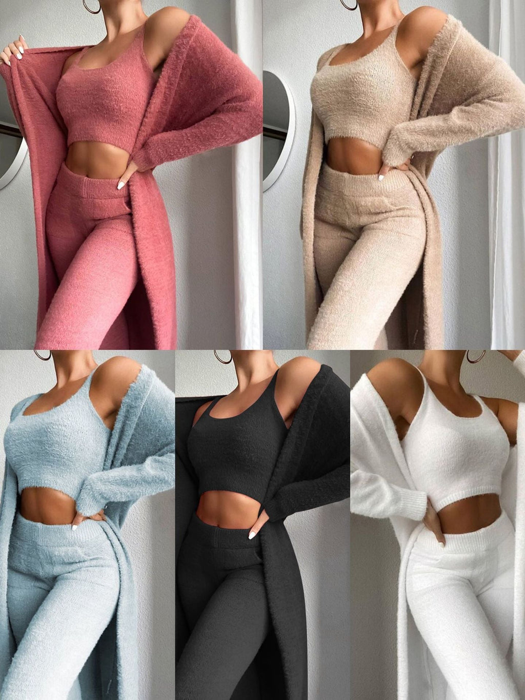 Women's Cozy Fine Fleece Lounge Set with Open Cardigan and Crop Top