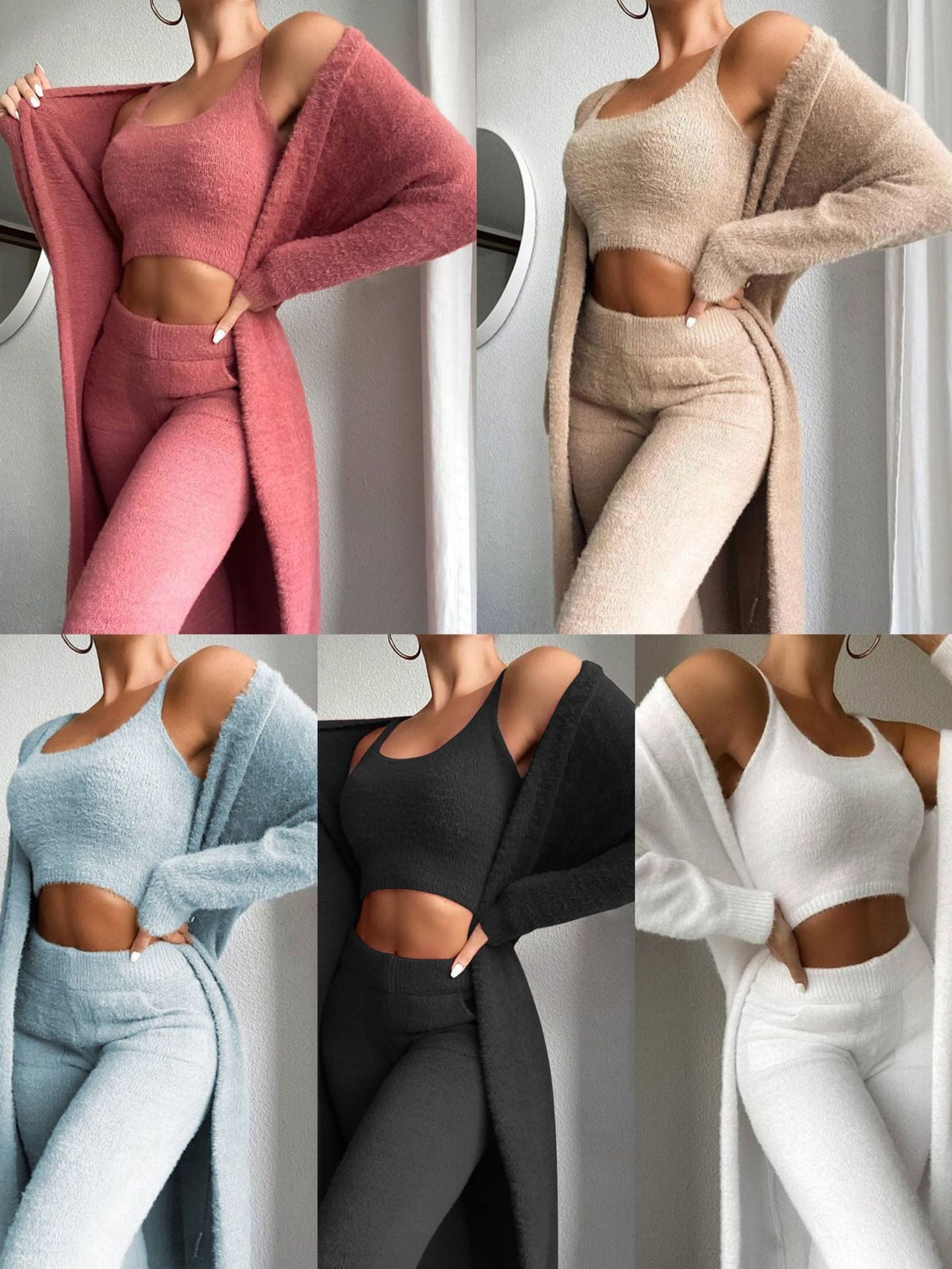 Women's Cozy Fine Fleece Lounge Set with Open Cardigan and Crop Top
