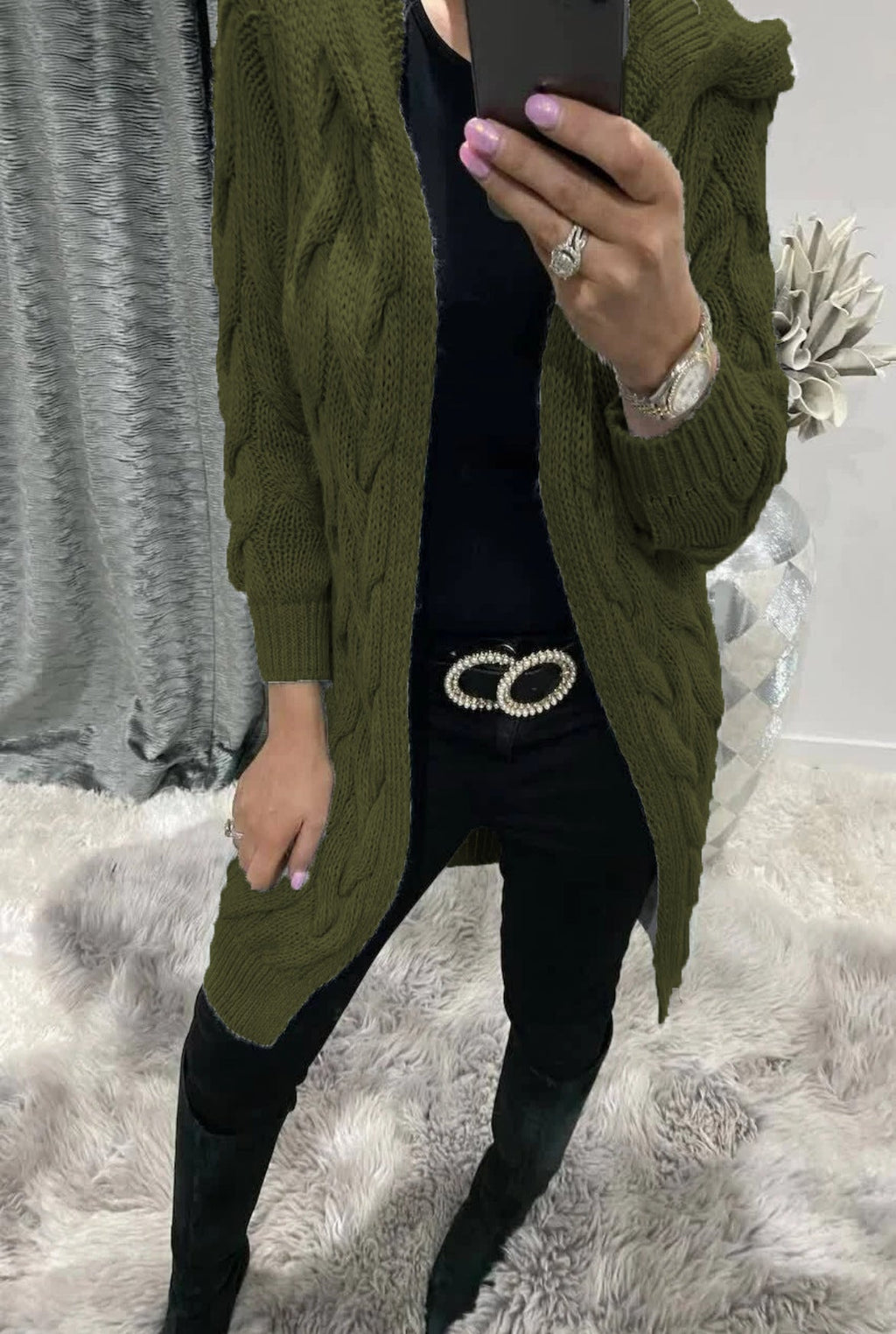 Women's Chunky Knit Cardigan with Hood and Cable Knit Pattern