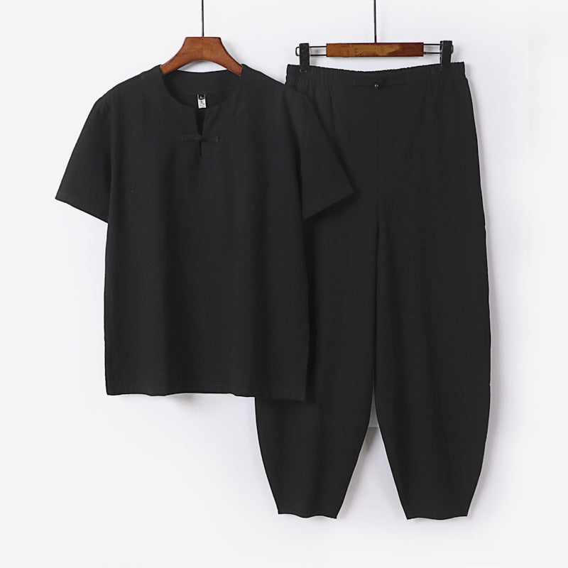 Men's Two-Piece Set with Short Sleeve Stand Collar Shirt and Elastic Harem Pants