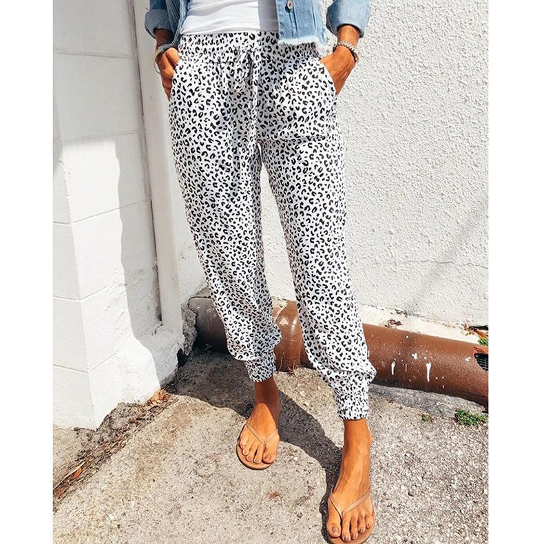 Women's Elegant Casual Trousers with Elastic Waist and Animal Print
