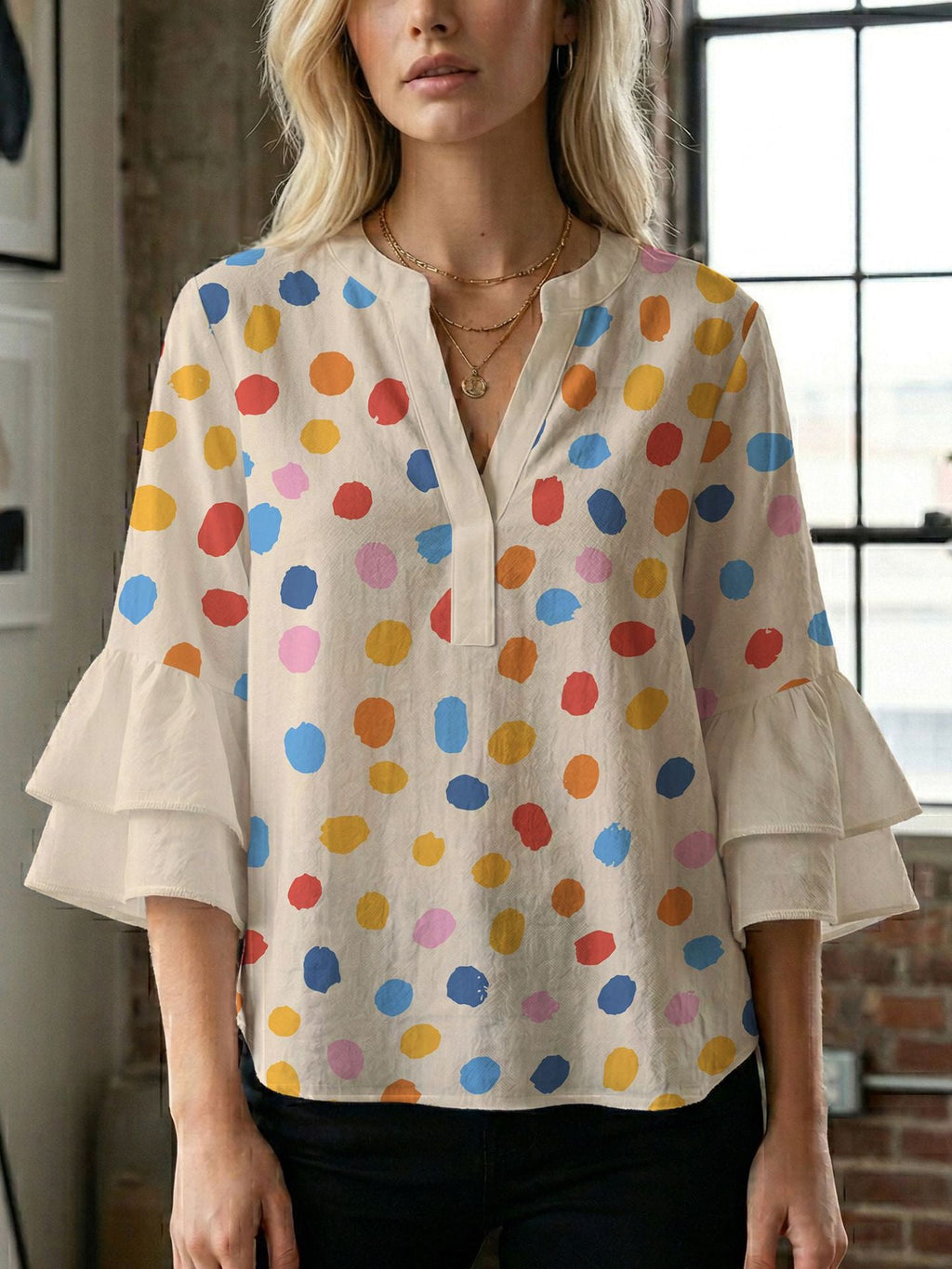 Women's Blouse Shirt with Voluminous Sleeves and Creative Print Design