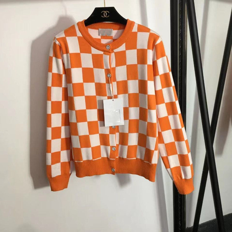 Women's Fashionable Plaid Knit Set with Button Detail and Casual Pants