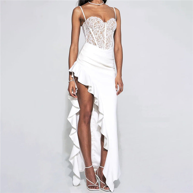Women's Wedding Dress with Lace Bodice and Asymmetrical Ruffles