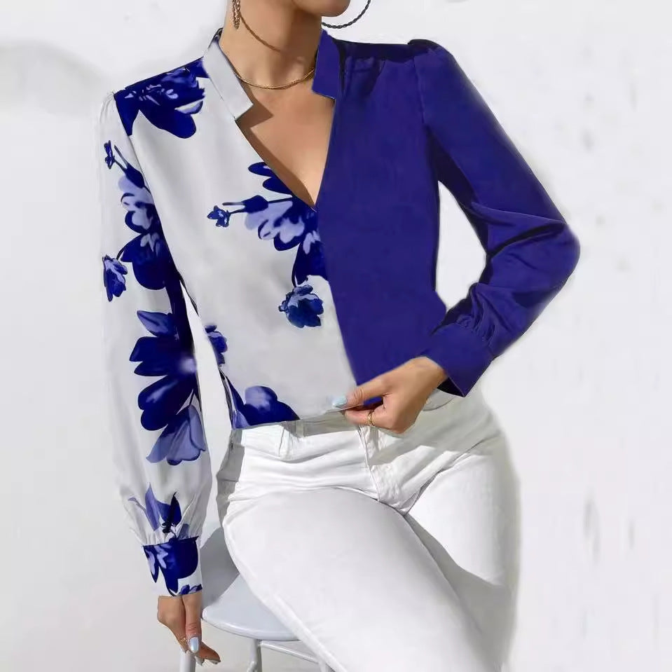 Women's Blouse with Unique Floral Pattern and Elegant V-Neck