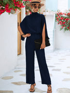 Women's Jumpsuit with High Collar and Flowing Sleeves