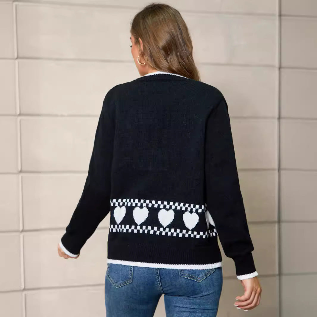 Women's Cardigan with Heart Pattern and Contrasting Details