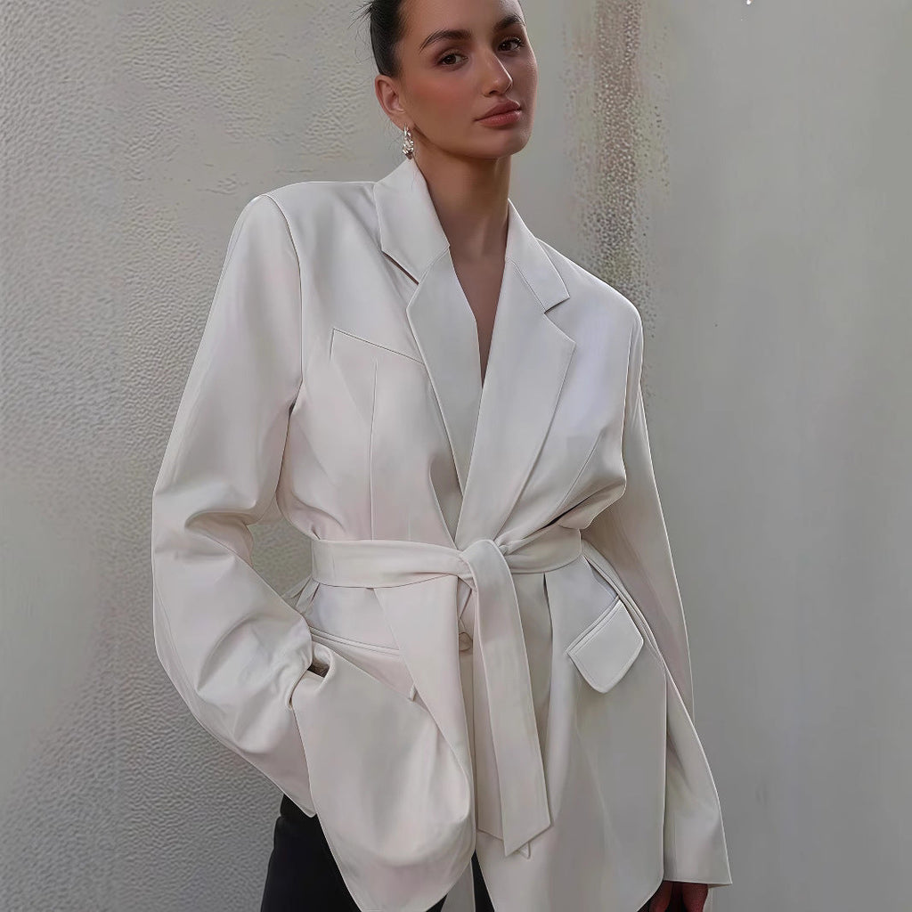 Women's Elegant Blazer Jacket with Belt and Pockets