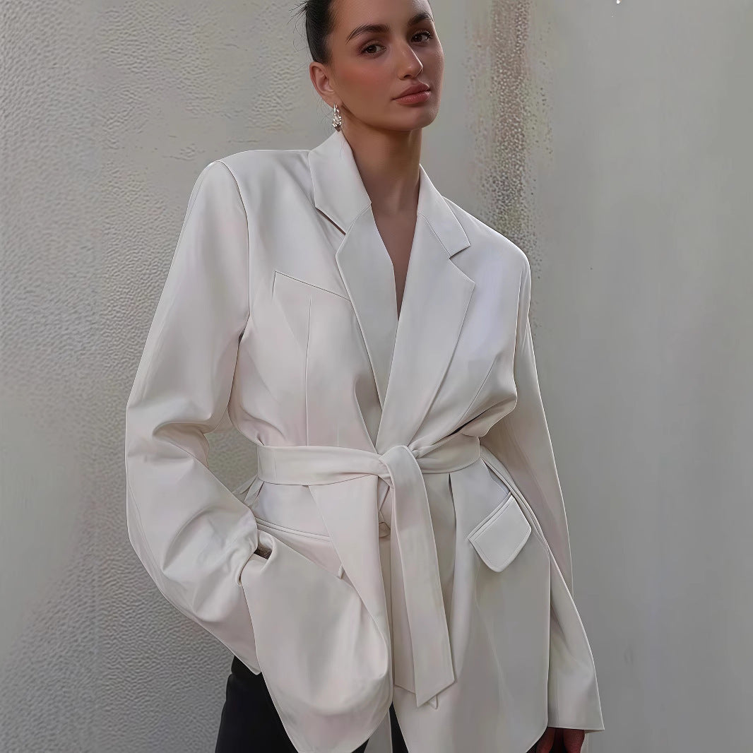Women's Elegant Blazer Jacket with Belt and Pockets