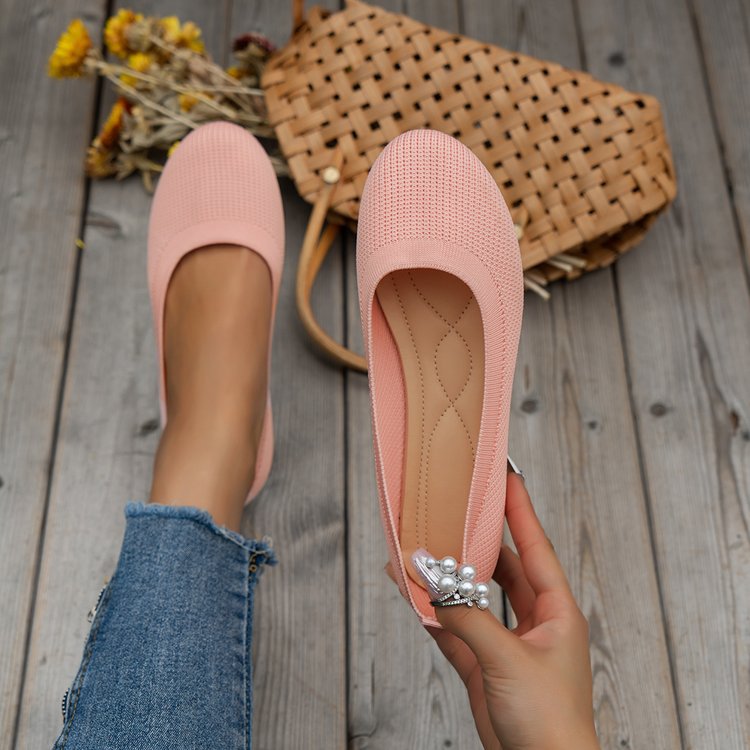 Women's Ballet Flats with Elegant Knit Design and Fashionable Pearl Embellishment