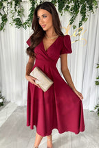 Women's A-Line Dress with Puff Sleeves and V-Neck