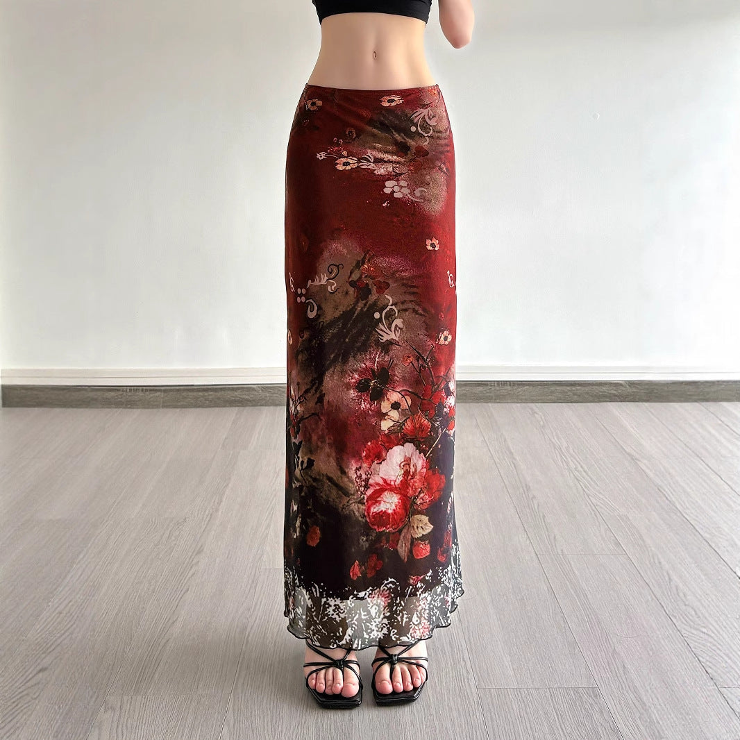 Women's Long Satin-Chiffon Maxi Skirt with Floral Watercolor Print