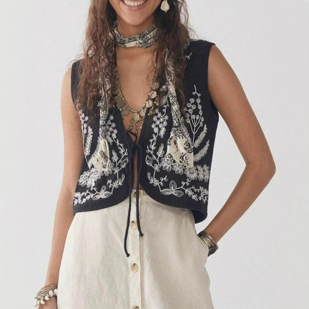 Elegant Embroidered Vest with Open Cut and Side Tie Details