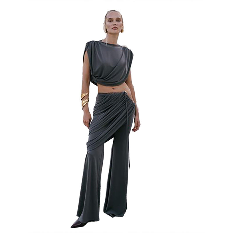 Women's Elegant Set with Ruched Top and Wide Waistband