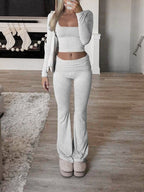 Women's Casual Long-Sleeve Lounge Set with Flared Pants
