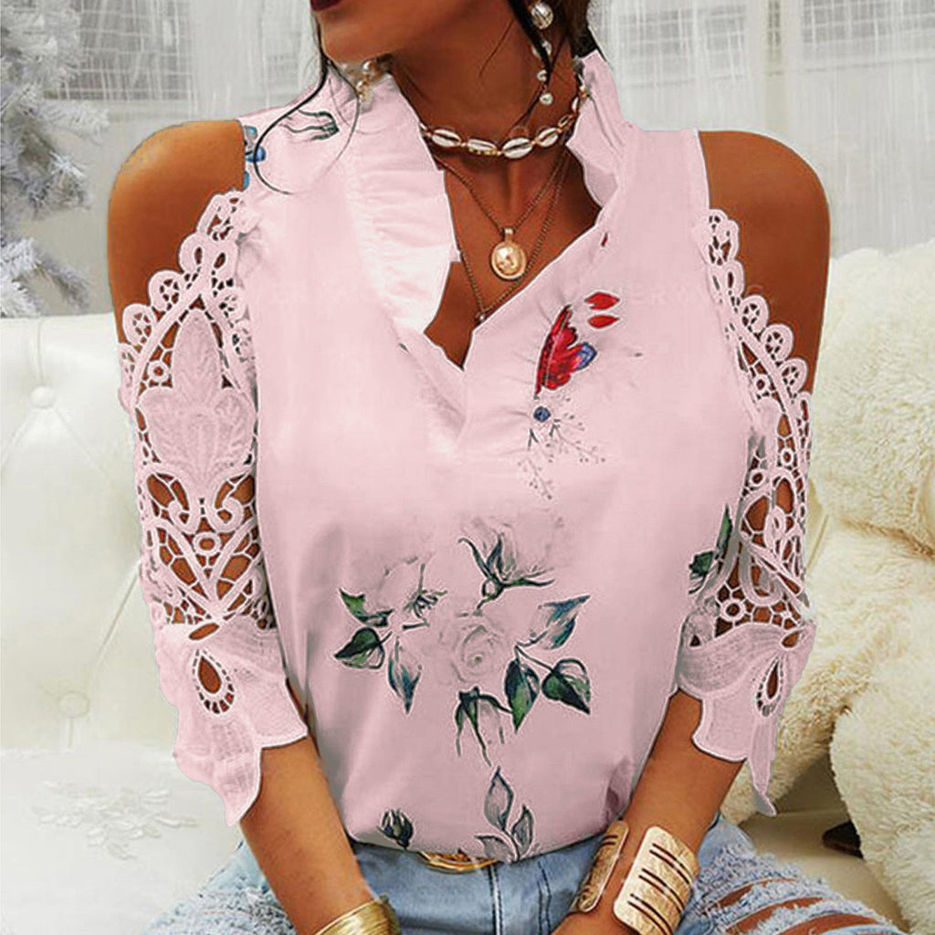 Women's Blouse with Cut-Out Sleeves and Floral Design