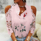 Women's Blouse with Cut-Out Sleeves and Floral Design