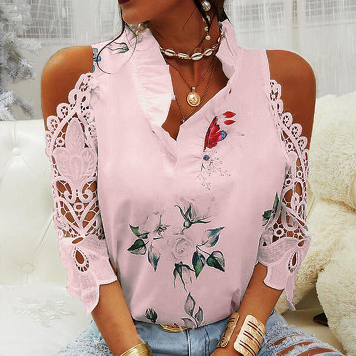 Women's Blouse with Cut-Out Sleeves and Floral Design