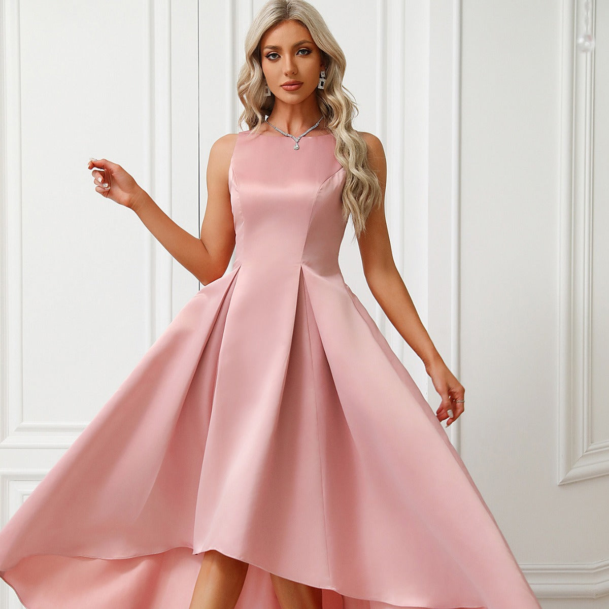 Women's Asymmetric Satin Evening Dress with Draping