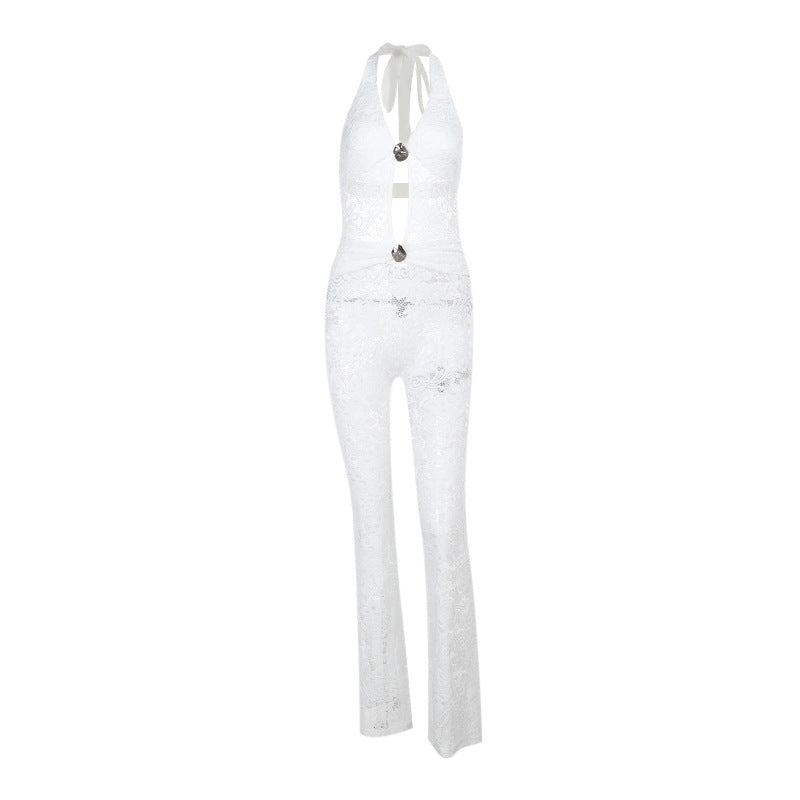 Women's Jumpsuit with Lace Detail and Deep V-Neck