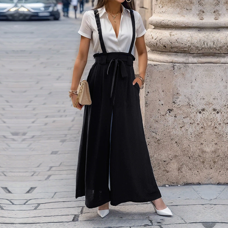 Women's Culotte Jumpsuit with Adjustable Straps and Elegant Drawstring