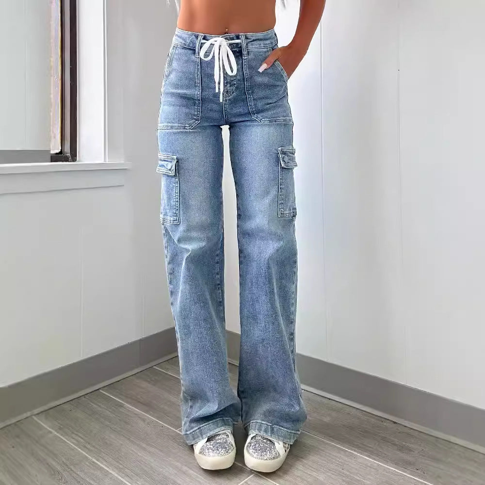 Women's Cargo Jeans with Soft Waistband and Pockets
