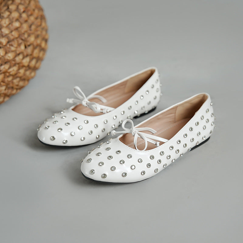 Women's Ballet Flats with Decorative Rhinestones and Bow Design