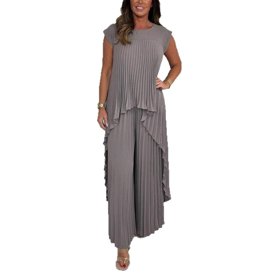 Elegant Pleated Jumpsuit with Asymmetric Hem