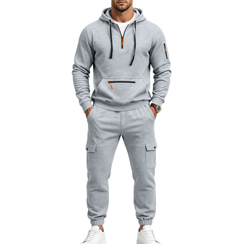 Men's Two-Piece Fleece Loungewear Set with Half-Zip Hoodie and Cargo Joggers