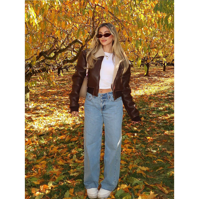 Women's Cropped Jacket with Faux Fur Collar