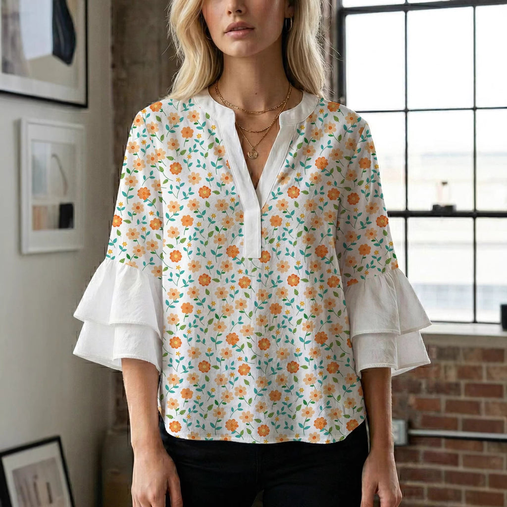 Women's Blouse Shirt with Voluminous Sleeves and Creative Print Design