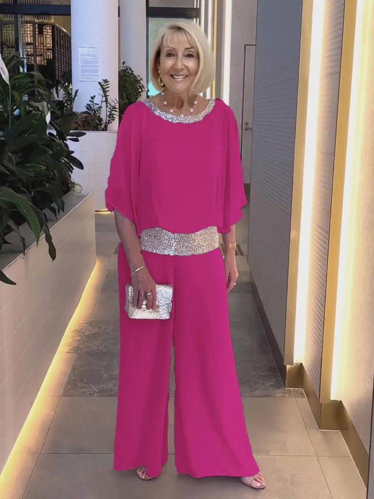 Elegant Jumpsuit with Shimmering Bodice and Wide Leg