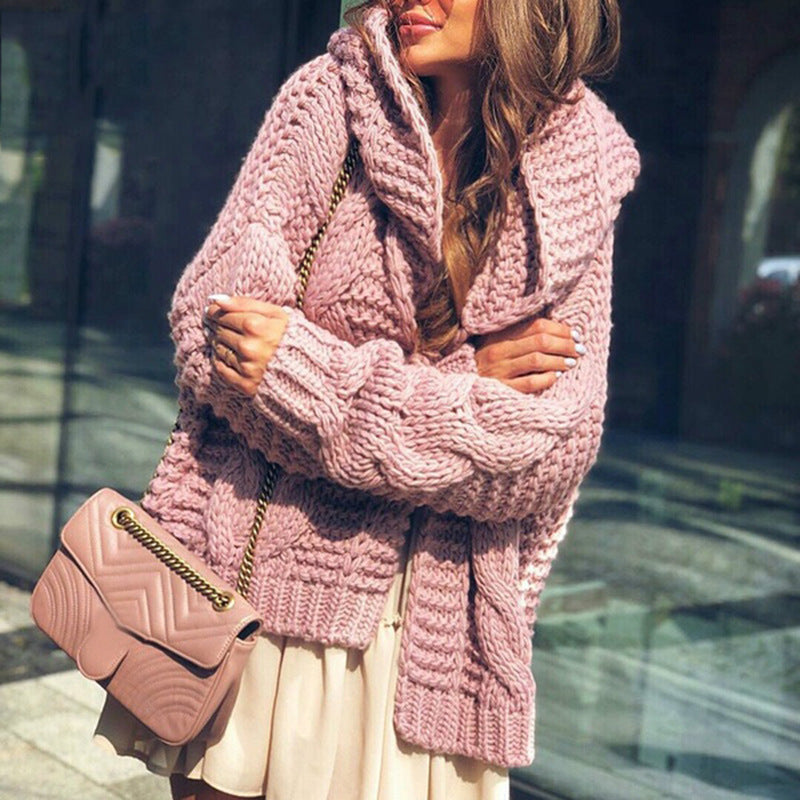 Women's Chunky Knit Cardigan in Relaxed Oversized Style with Shawl Collar and Large Pockets
