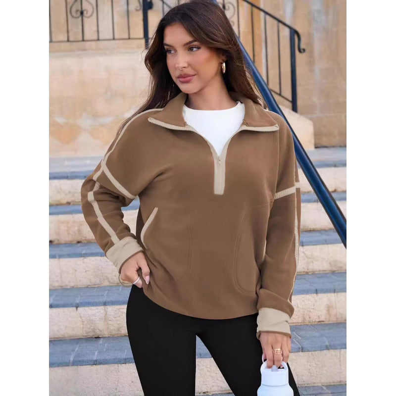Women's Fleece Pullover with Half Zipper and Contrasting Sleeves