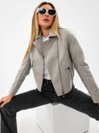 Women's Cropped Faux Leather Jacket with Practical Pockets
