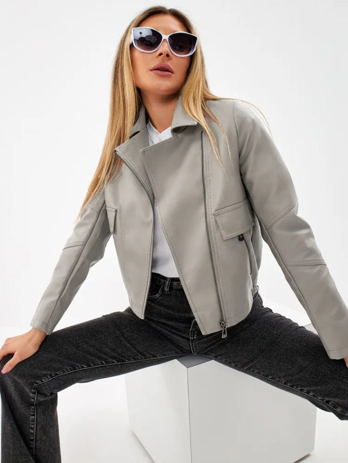 Women's Cropped Faux Leather Jacket with Practical Pockets