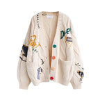 Women's Lined Knit Cardigan with Colorful Buttons and Unique Design