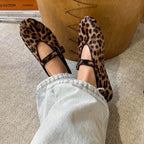 Women's Leopard Print Ballet Flats with Adjustable Strap
