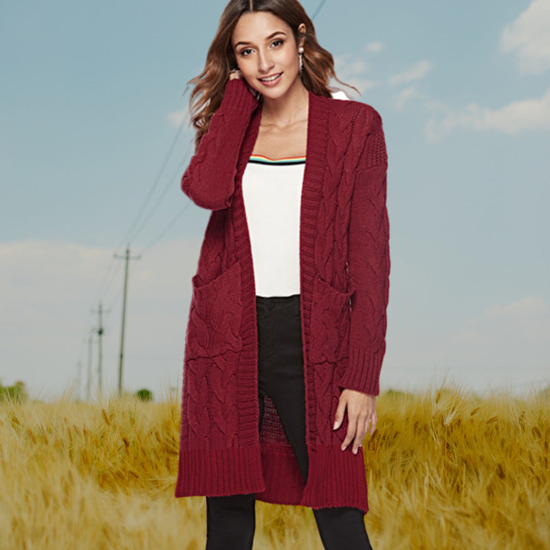 Women's Chunky Knit Cardigan with Deep Pockets and Decorative Cable Knit