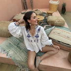 Women's Blouse with Floral Embroidery and Voluminous Sleeves
