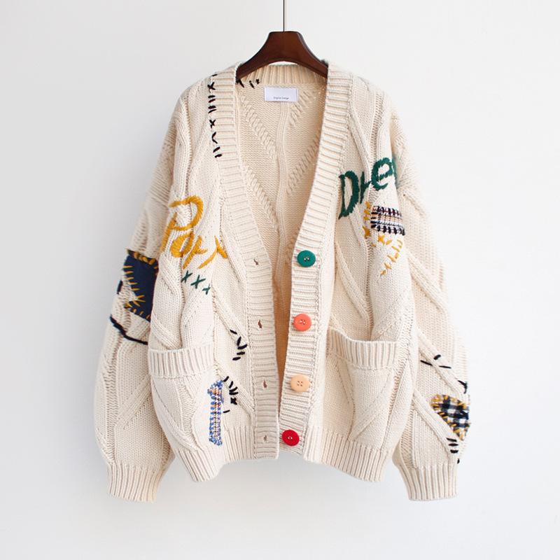 Women's Lined Knit Cardigan with Colorful Buttons and Unique Design