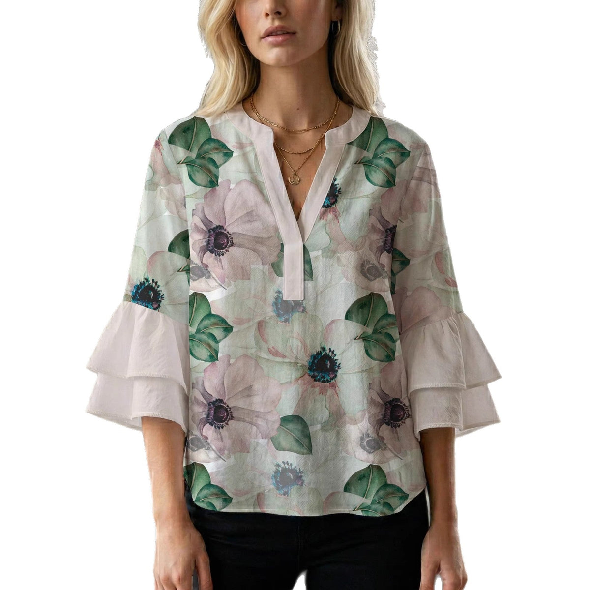 Women's Blouse with Voluminous Sleeves and Floral Design