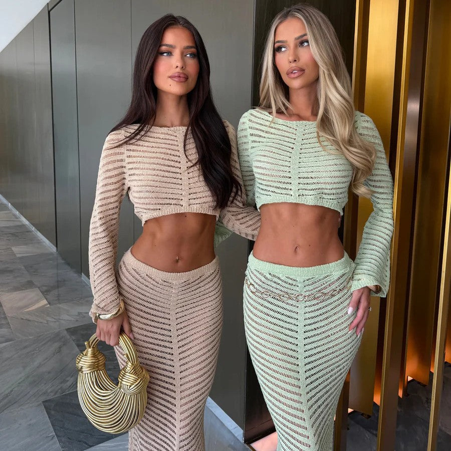 Women's Elegant Crocheted Set with Long-Sleeve Crop Top and Figure-Hugging Skirt