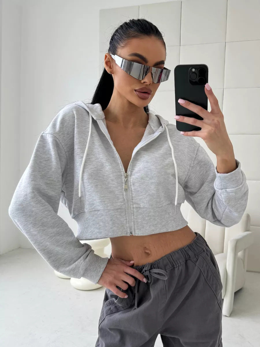 Women's Cropped Hoodie with Zipper and Casual Fit